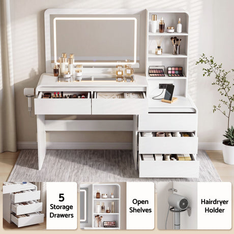 Artiss Dressing Table Makeup Vanity Desk LED Mirror Drawers Charging Station Curved Edge White, image 7