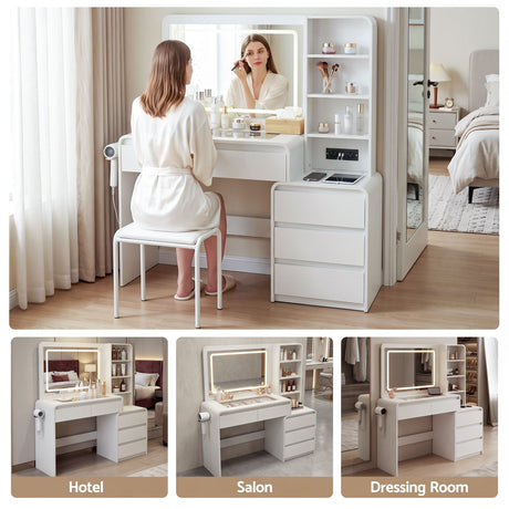 Artiss Dressing Table Makeup Vanity Desk LED Mirror Drawers Charging Station Curved Edge White, image 11