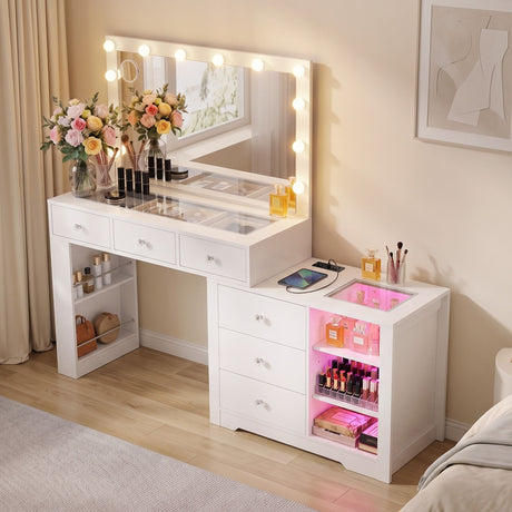 Artiss Dressing Table Mirror Charging Station Glass Top Makeup Vanity Desk RGB Cabinet Storage Drawers