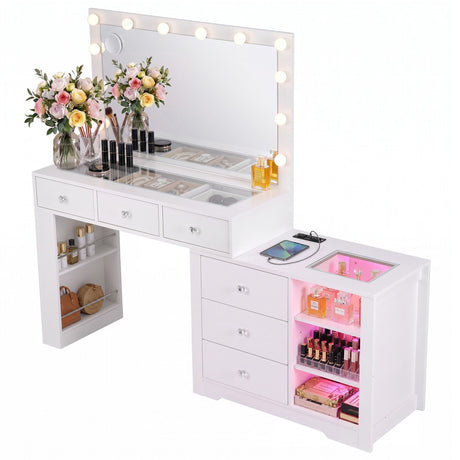 Artiss Dressing Table Mirror Charging Station Glass Top Makeup Vanity Desk RGB Cabinet Storage Drawers, Storage