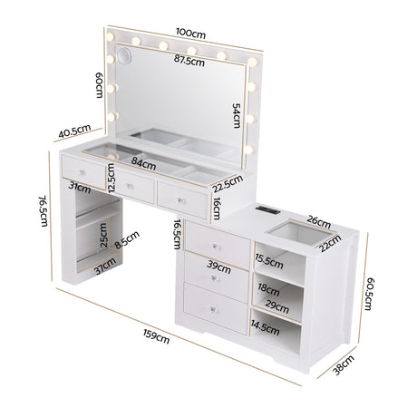 Artiss Dressing Table Mirror Charging Station Glass Top Makeup Vanity Desk RGB Cabinet Storage Drawers, image 4