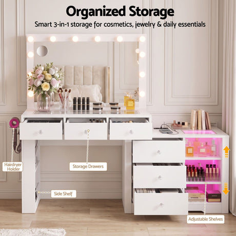 Artiss Dressing Table Mirror Charging Station Glass Top Makeup Vanity Desk RGB Cabinet Storage Drawers, image 7
