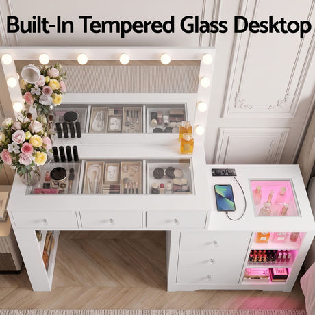 Artiss Dressing Table Mirror Charging Station Glass Top Makeup Vanity Desk RGB Cabinet Storage Drawers, image 9