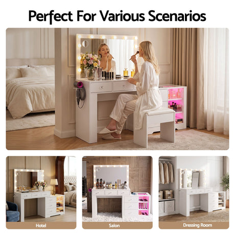 Artiss Dressing Table Mirror Charging Station Glass Top Makeup Vanity Desk RGB Cabinet Storage Drawers, image 11