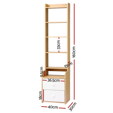 Artiss 6 Tiers Bookshelf with 2 Drawer Storage Shelf Pine, image 4