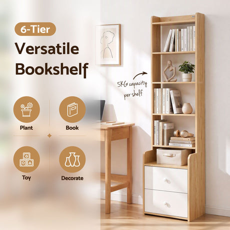 Artiss 6 Tiers Bookshelf with 2 Drawer Storage Shelf Pine, image 6