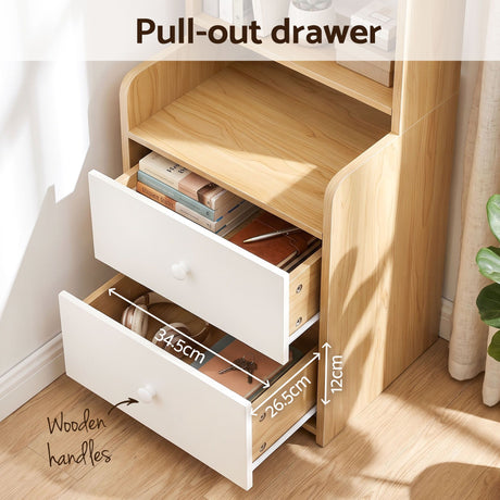 Artiss 6 Tiers Bookshelf with 2 Drawer Storage Shelf Pine, image 7