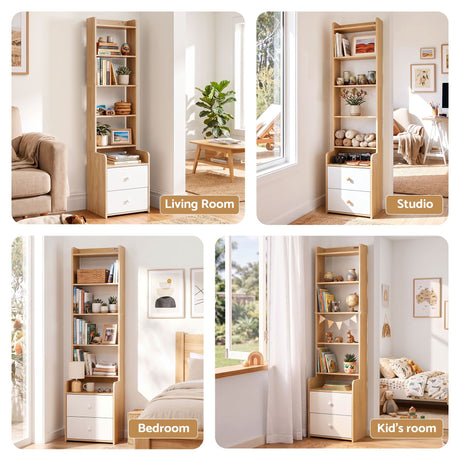 Artiss 6 Tiers Bookshelf with 2 Drawer Storage Shelf Pine, image 9