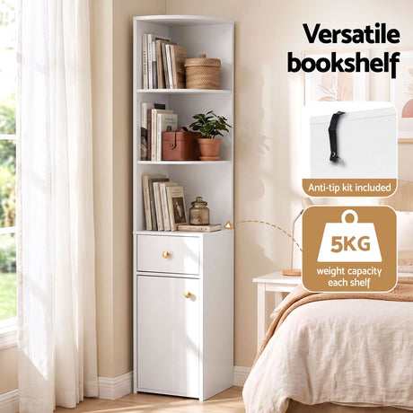 Artiss 3 Tiers Bookshelf with Storage Drawer and Cabinet White, image 6