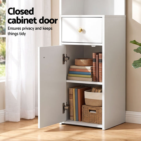 Artiss 3 Tiers Bookshelf with Storage Drawer and Cabinet White, image 8