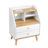 Artiss Bedside Table 2 Drawers Charging Station White and Pine - Front View