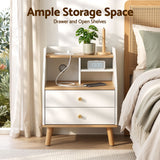 Artiss Bedside Table 2 Drawers Charging Station White and Pine - Rear View
