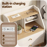 Artiss Bedside Table 2 Drawers Charging Station White and Pine - Close-Up Angle