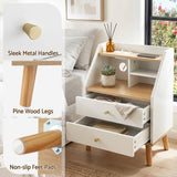 Artiss Bedside Table 2 Drawers Charging Station White and Pine - Low Angle