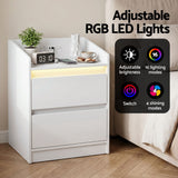 Artiss Bedside Table Nightstand with Charging Station 2 Drawers LED White - 45-Degree Angle