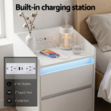Artiss Bedside Table Nightstand with Charging Station 2 Drawers LED White - Rear View