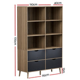 Artiss Bookshelf with 4 Drawers - MITZI Oak and Blue - Top-Down View