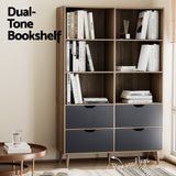Artiss Bookshelf with 4 Drawers - MITZI Oak and Blue - Rear View