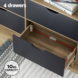 Artiss Bookshelf with 4 Drawers - MITZI Oak and Blue - Low Angle