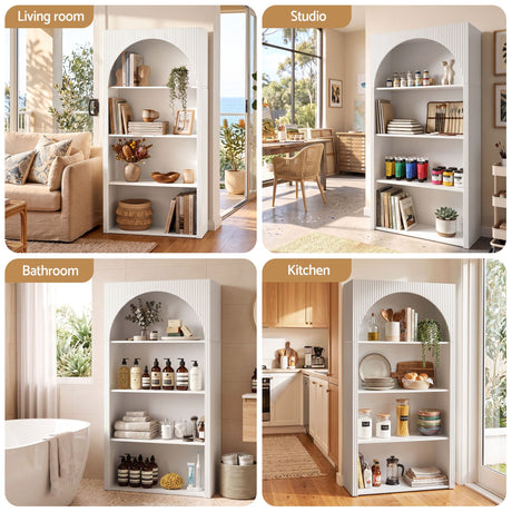 Artiss 4 Tier Bookshelf Arched Fluted Storage Display Cabinet Unit White, image 7