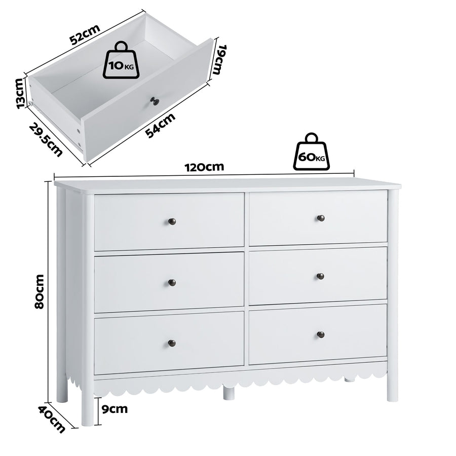 Artiss 6 Chest of Drawers Dresser Lowboy Curved Edge Scalloped White Bedroom, image 4