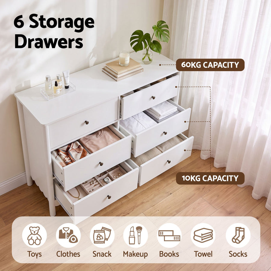 Artiss 6 Chest of Drawers Dresser Lowboy Curved Edge Scalloped White Bedroom, image 6