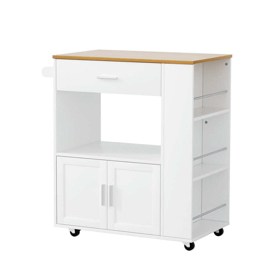 Artiss mobile kitchen island trolley with drawer and cabinet, white and pine, 3-tier side spice racks