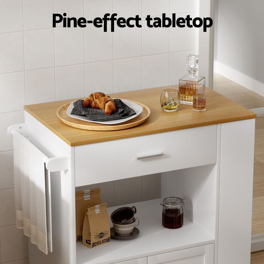 Artiss mobile kitchen island trolley with drawer and cabinet, white and pine, storage drawer and cabinet