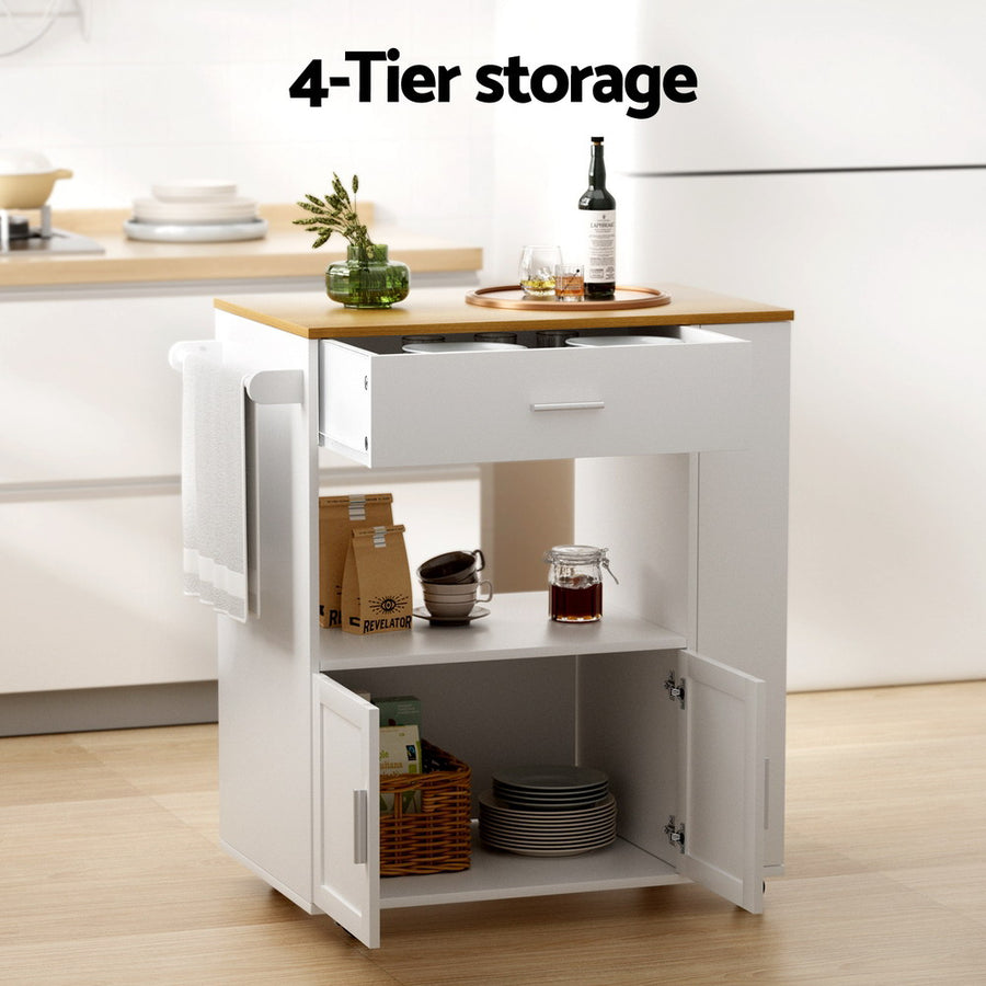 Artiss mobile kitchen island trolley with drawer and cabinet, white and pine, image 7