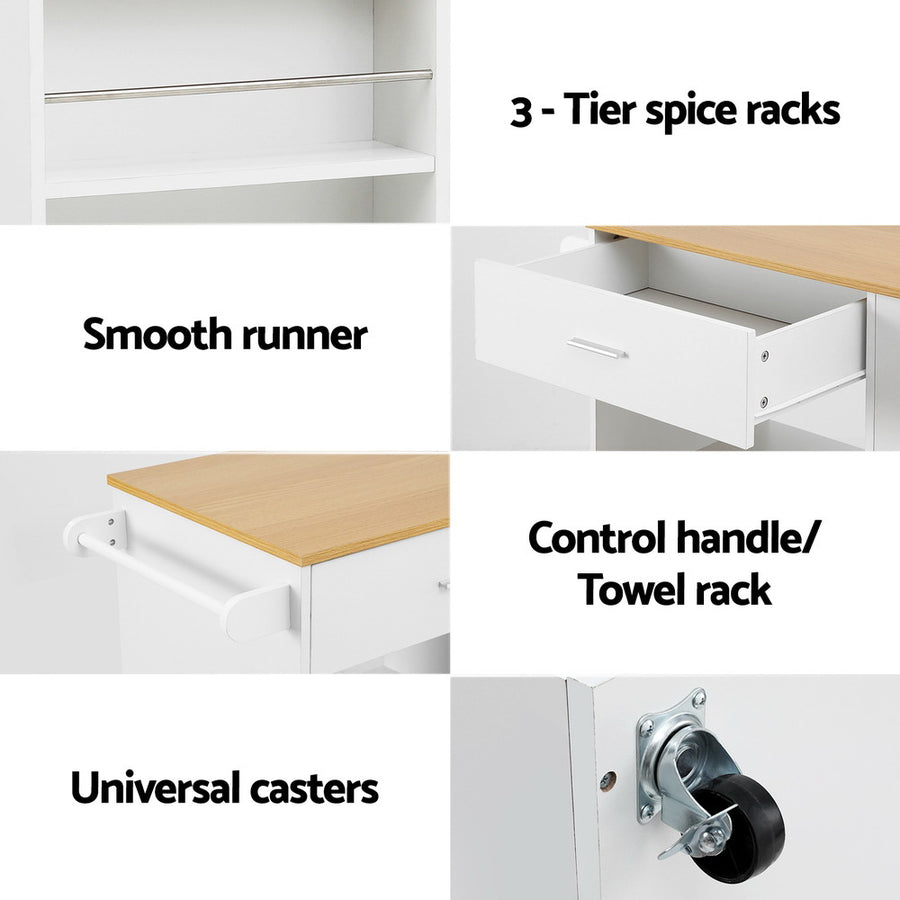 Artiss mobile kitchen island trolley with drawer and cabinet, white and pine, image 8