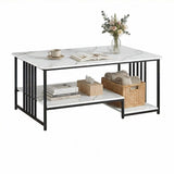 Artiss Coffee Table 100cm Faux Marble Finish Center Table 2-Tier Storage White&Black - Front View