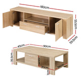 Artiss TV Unit & Coffee Table Set Storage Drawer Pine - Side View