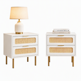Artiss 2x Rattan Bedside Table 2 Drawers White - Front View