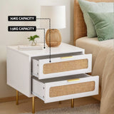 Artiss 2x Rattan Bedside Table 2 Drawers White - Rear View