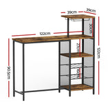 Artiss Industrial Bar Table with Wine Rack Cup Holder Multi-Level Storage 122cm Walnut - Side View