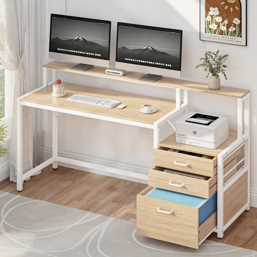 Artiss Computer Desk Home Office Study Table Desks w/Drawers Open Shelf Oak 160CM