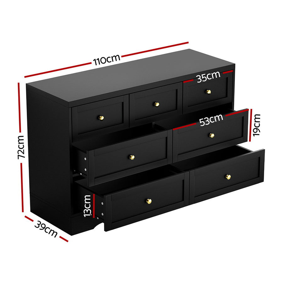 Artiss 7 drawer chest of drawers dresser with metal handles, black, open drawer on metal runners
