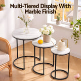 Artiss Nesting Coffee Table Set of 3 Round Stackable Side End Tables Marble Finish White - Close-Up Angle