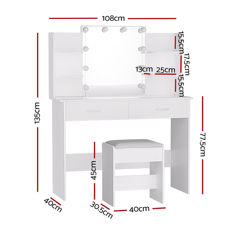 Artiss Dressing Table Set Stool 10 Led Bulbs White Dulcea, LED Lights