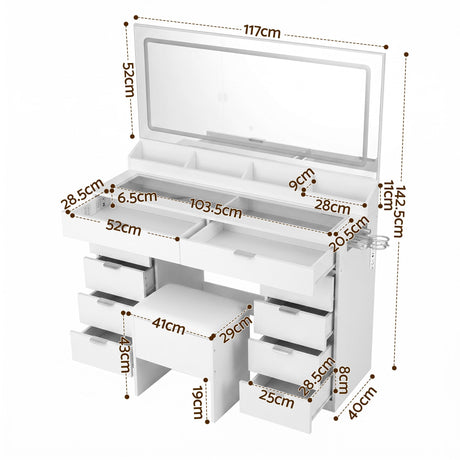 Artiss Dressing Table Makeup Vanity Desk Large LED Mirror 10 Drawers Power Outlet Hair Dryer Holder Hook White, image 4