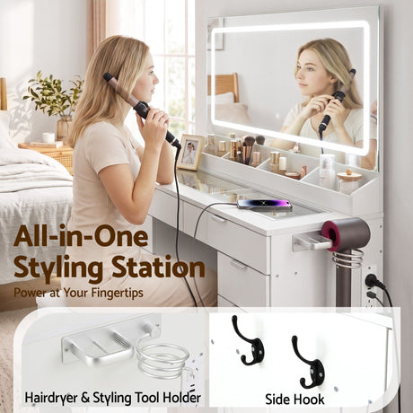 Artiss Dressing Table Makeup Vanity Desk Large LED Mirror 10 Drawers Power Outlet Hair Dryer Holder Hook White, image 7