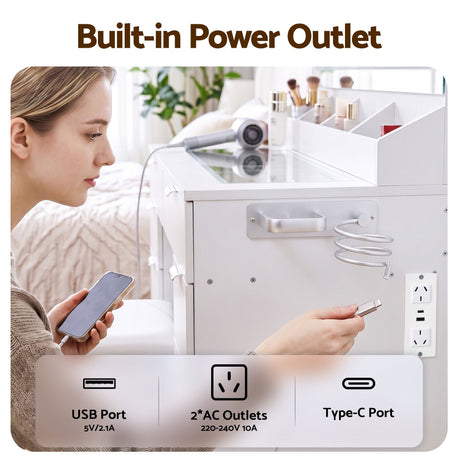 Artiss Dressing Table Makeup Vanity Desk Large LED Mirror 10 Drawers Power Outlet Hair Dryer Holder Hook White, image 8