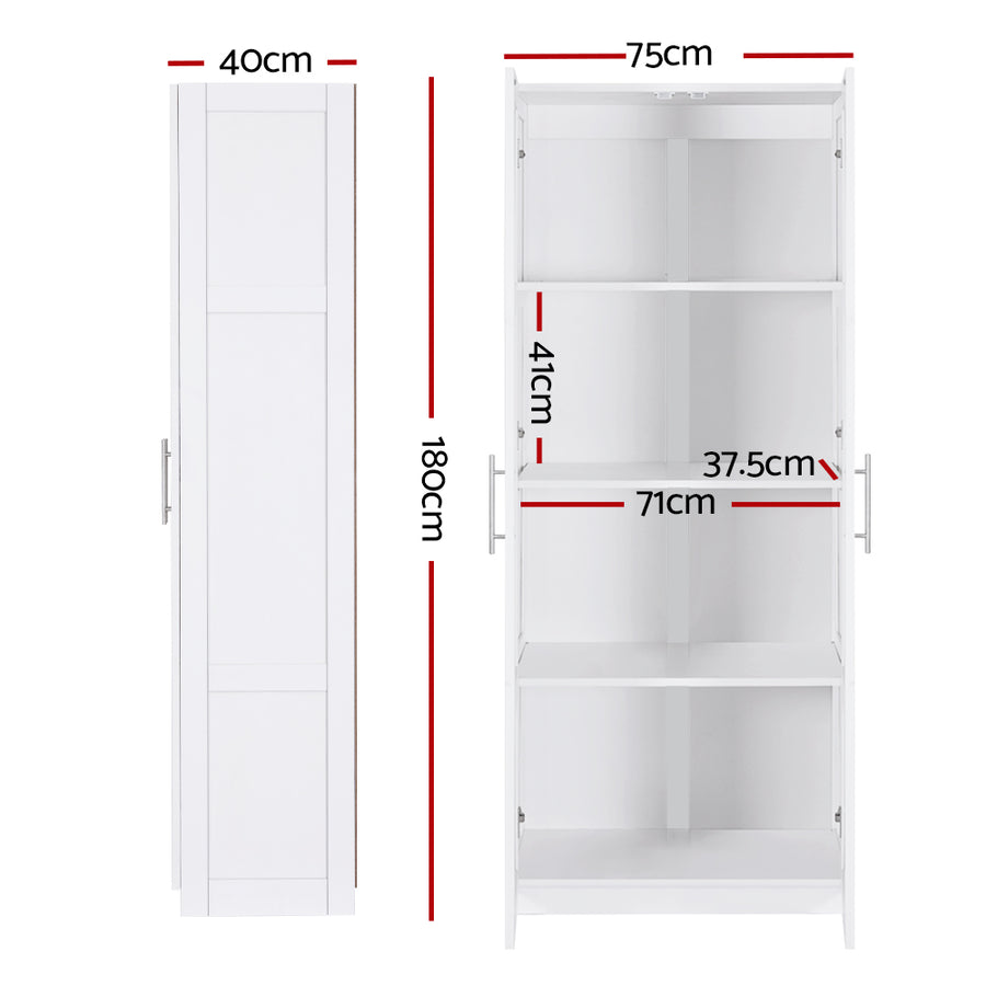 Artiss white 2 door buffet sideboard cupboard cabinet, 180cm high, magnetic door catches