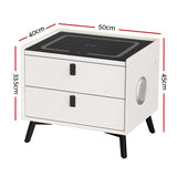 Artiss Smart Bedside Table 2 Drawers with Wireless Charging Ports LED White AIKA - Front View