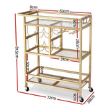 Artiss Bar Cart Drinks Trolley Serving Wine Rack Glass Holder 3 Hooks 72cm Gold - Side View