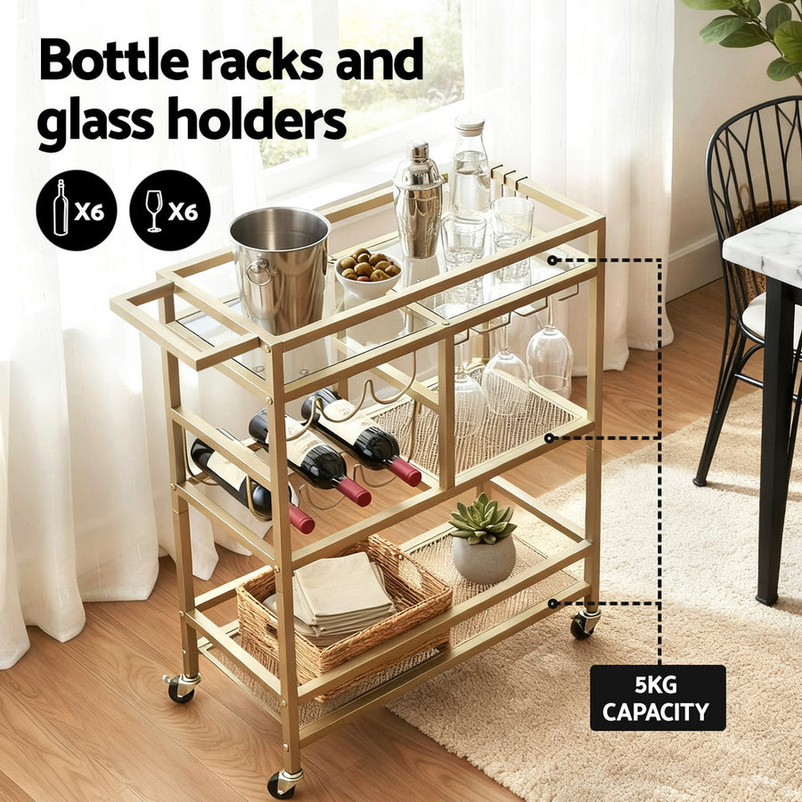 Artiss Bar Cart Drinks Trolley Serving Wine Rack Glass Holder 3 Hooks 72cm Gold, image 6