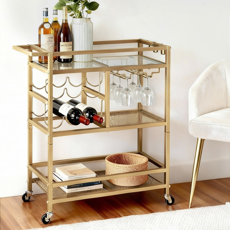 Artiss Bar Cart Drinks Trolley Serving Wine Rack Glass Holder 3 Hooks 72cm Gold, image 8