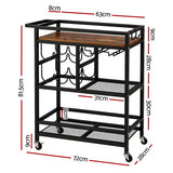 Artiss Bar Cart Drinks Trolley Serving Wine Rack Glass Holder 3 Hooks 72cm Black - Side View