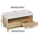 Artiss Coffee Table Drawer Shelf Marble Effect Wood&White - Front View