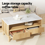 Artiss Coffee Table Drawer Shelf Marble Effect Wood&White - Top-Down View
